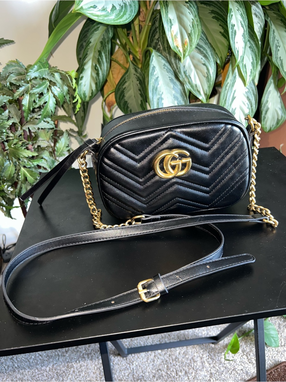 Gucci Black Matelassé Chevron Leather Small Camera Bag with Gold GG